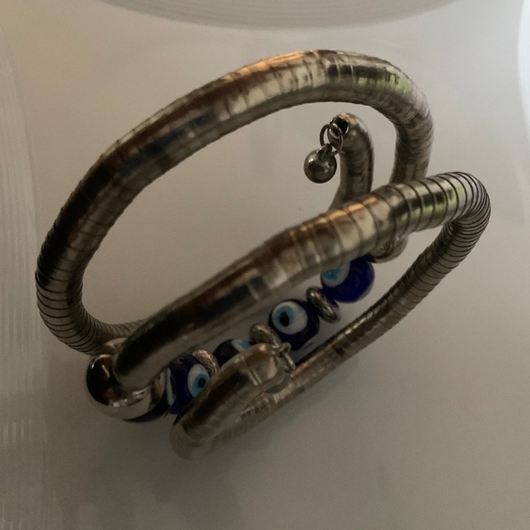 Silver Coil Evil Eye Bracelet/Choker – Blue Glass Beads, Wrap Style, Adjustable - Picture 8 of 9
